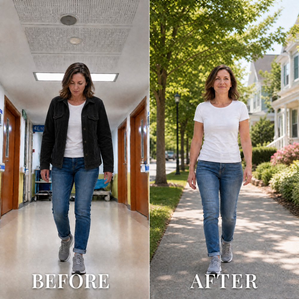 Before and after wearing Maivelo foot drop brace