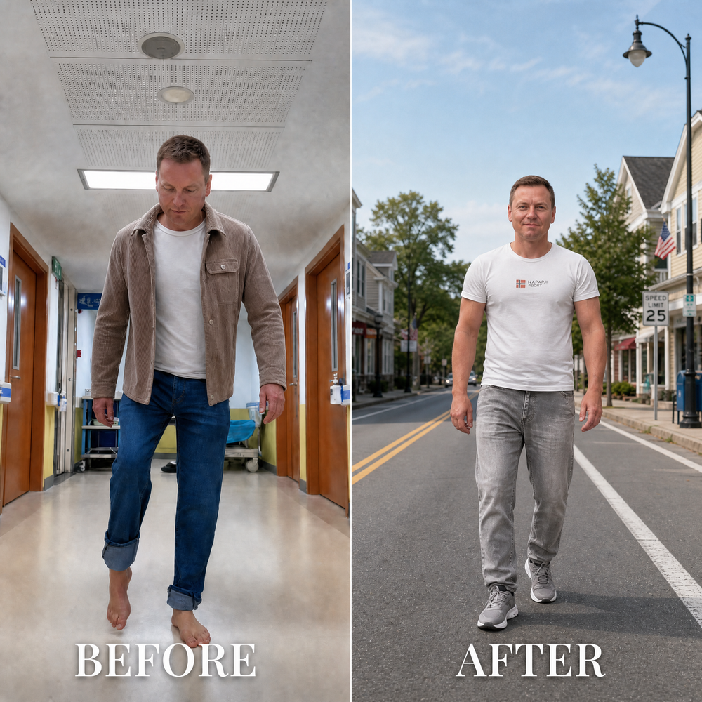 Before and after wearing Maivelo foot drop brace