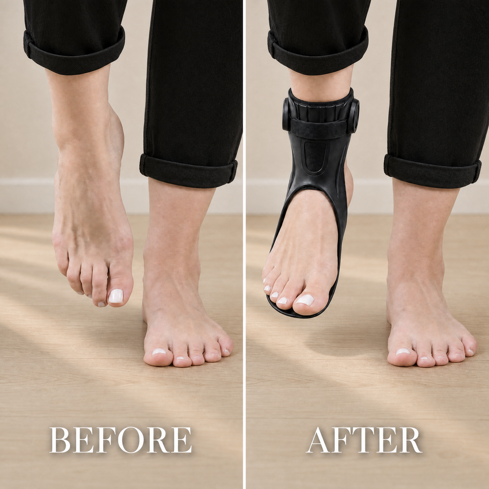 Before and after wearing Maivelo foot drop brace